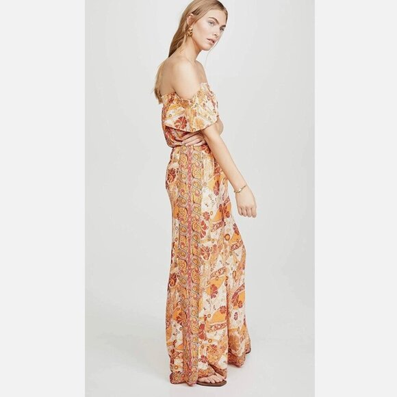 Free People Carmen Off the Shoulder Jumpsuit Orange Red Paisley XS - Picture 2 of 14